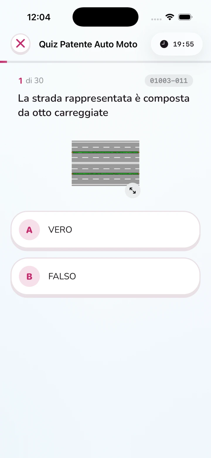 Schermata dell'app: simulazione d'esame in corso, domanda 1 di 30 con timer